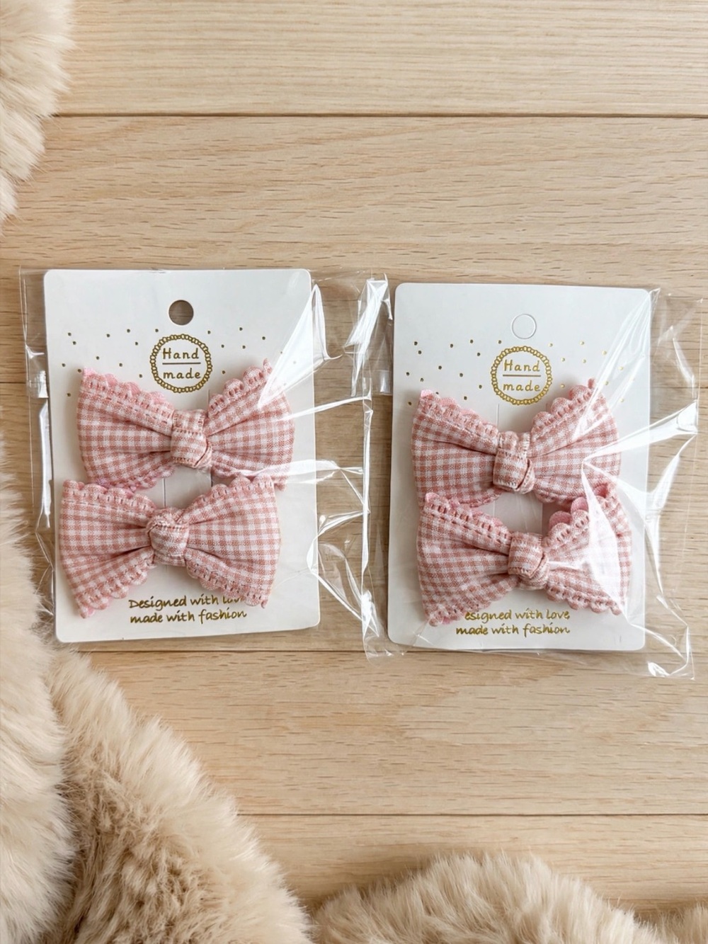 Handmade Pink Gingham Bow Hair Clips for Kids